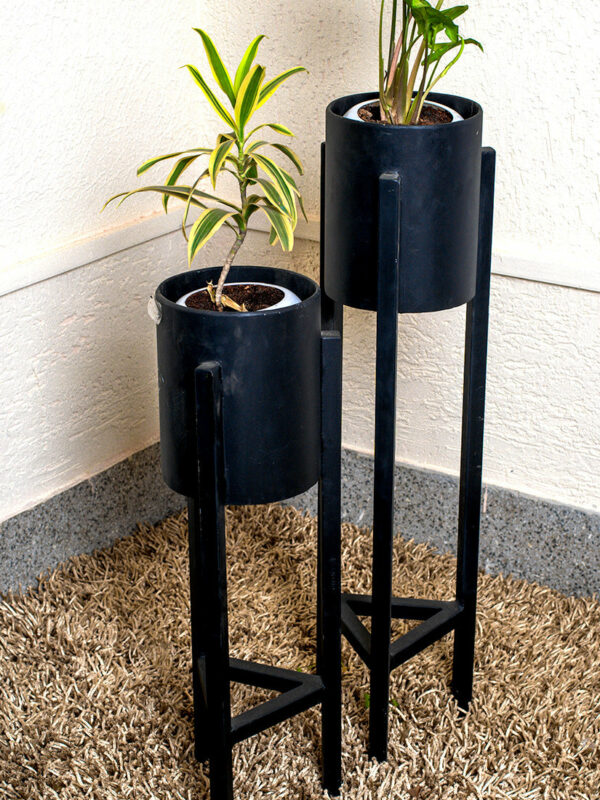 Plant Stand Set - 2-Piece Modern Metal Planter with Tall Metal Stand - Decorative Standing Flower Succulent Pot Holder, Indoor Outdoor Black