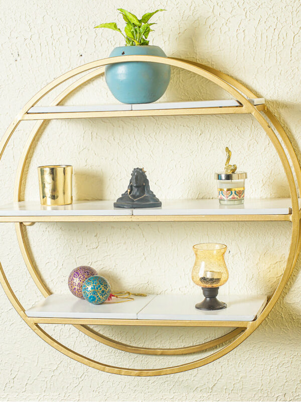 Modern Round Shaped Wall Mount Shelf Made of Iron and Wood (No. of Shelves - 3, Color - Gold & White)