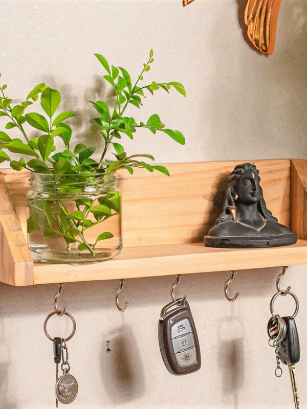 Unique Style Floating Wall Shelves, Decorative Wood Shelf for Living Room, Bedroom, Kitchen, Office, Easy to Assemble Modern Wooden Wall Mounted Shelves Key Holder (5 Hooks, Brown, Black, Red, White, Yellow)