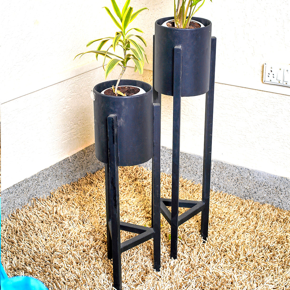 Plant Stand Set - 2-Piece Modern Metal Planter with Tall Metal Stand - Decorative Standing Flower Succulent Pot Holder, Indoor Outdoor Black - Image 2