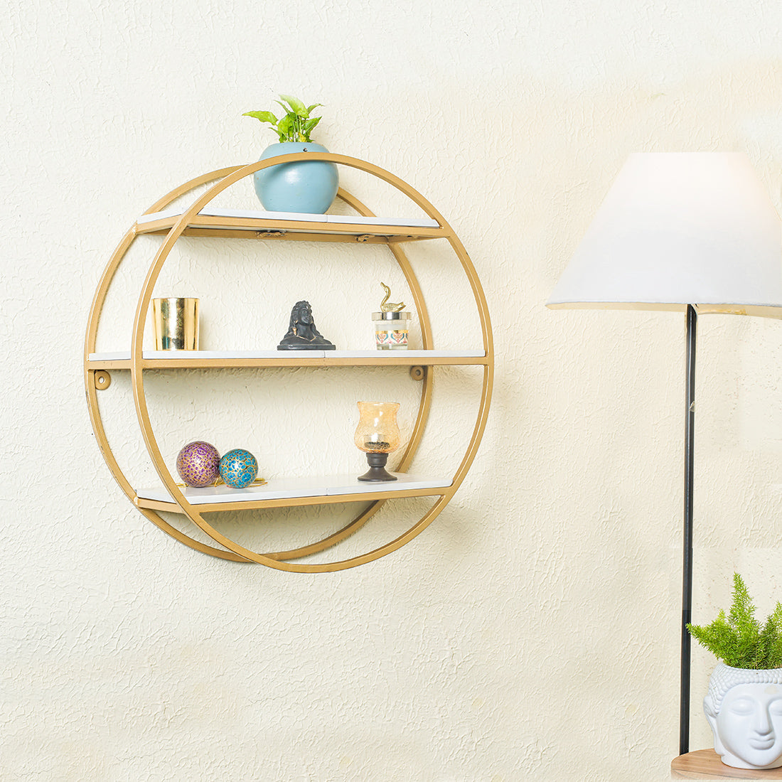 Modern Round Shaped Wall Mount Shelf Made of Iron and Wood (No. of Shelves - 3, Color - Gold & White) - Image 2