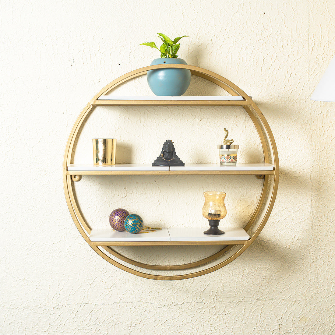 Modern Round Shaped Wall Mount Shelf Made of Iron and Wood (No. of Shelves - 3, Color - Gold & White) - Image 3