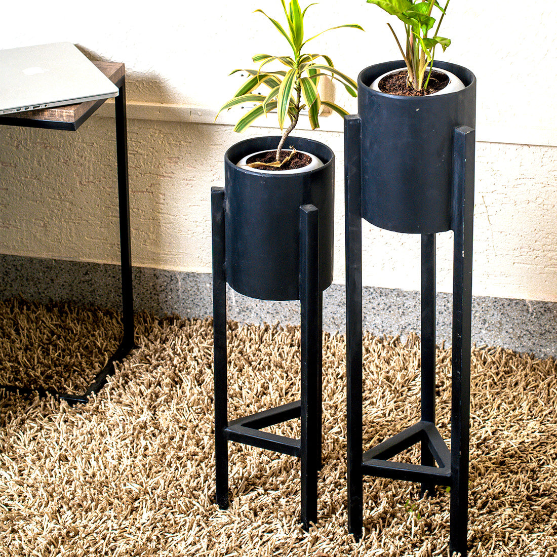 Plant Stand Set - 2-Piece Modern Metal Planter with Tall Metal Stand - Decorative Standing Flower Succulent Pot Holder, Indoor Outdoor Black - Image 3