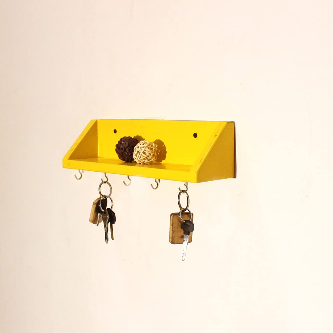 Unique Style Floating Wall Shelves, Decorative Wood Shelf for Living Room, Bedroom, Kitchen, Office, Easy to Assemble Modern Wooden Wall Mounted Shelves Key Holder (5 Hooks, Brown, Black, Red, White, Yellow) - Image 2