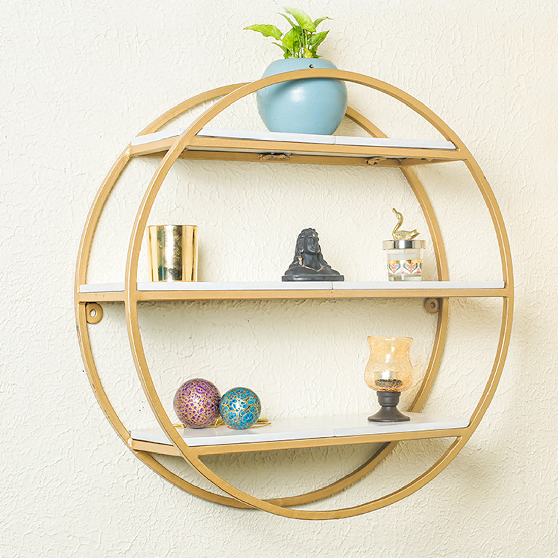 Modern Round Shaped Wall Mount Shelf Made of Iron and Wood (No. of Shelves - 3, Color - Gold & White) - Image 4